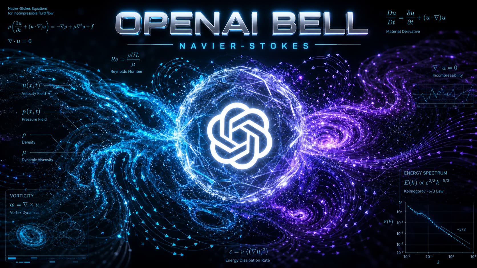 تصميم مميز لنموذج OpenAI Bell يضم شعار OpenAI المضيء مع معادلات مسألة نافييه-ستوكس ومحاكاة حركة تدفق الموائع.