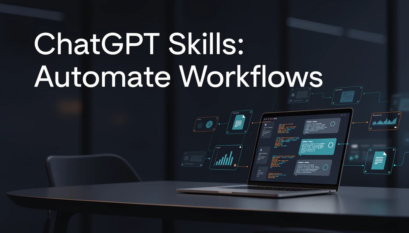 كمبيوتر محمول في بيئة عمل مظلمة يعرض واجهة مسارات عمل ذكية متصلة مع نص عريض يقرأ ChatGPT Skills: Automate Workflows