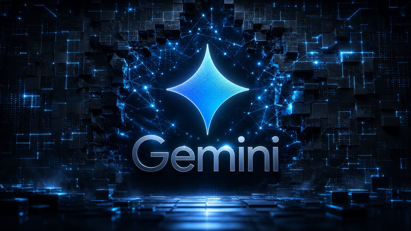 شعار Google Gemini المضيء باللون الأزرق مع اسم النموذج على خلفية شبكية ثلاثية الأبعاد ترمز لاختبارات الأمن السيبراني