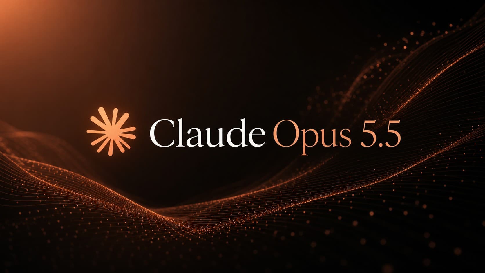 شعار Claude Opus 5.5 مع أيقونة أنثروبيك وخلفية تقنية داكنة بأمواج ضوئية برتقالية
