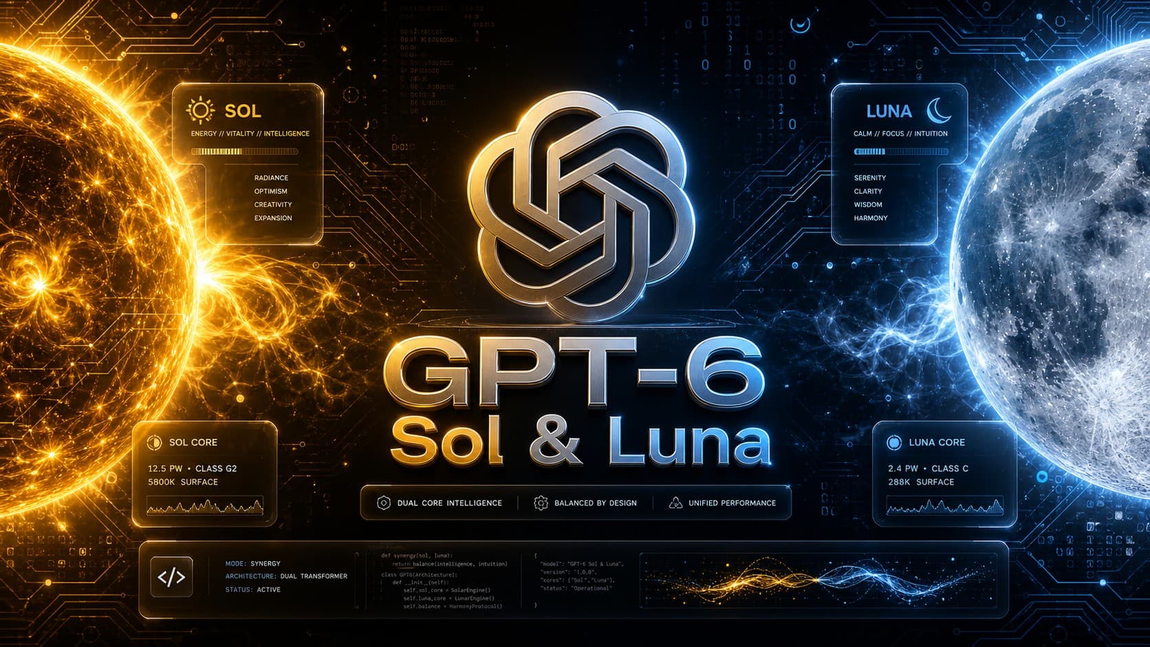 شعار OpenAI يتوسط تصميماً تقنياً يبرز نموذجي GPT-6 Sol وLuna مع تمثيل رقمي للشمس والقمر وواجهة ذكاء اصطناعي مستقبلية.