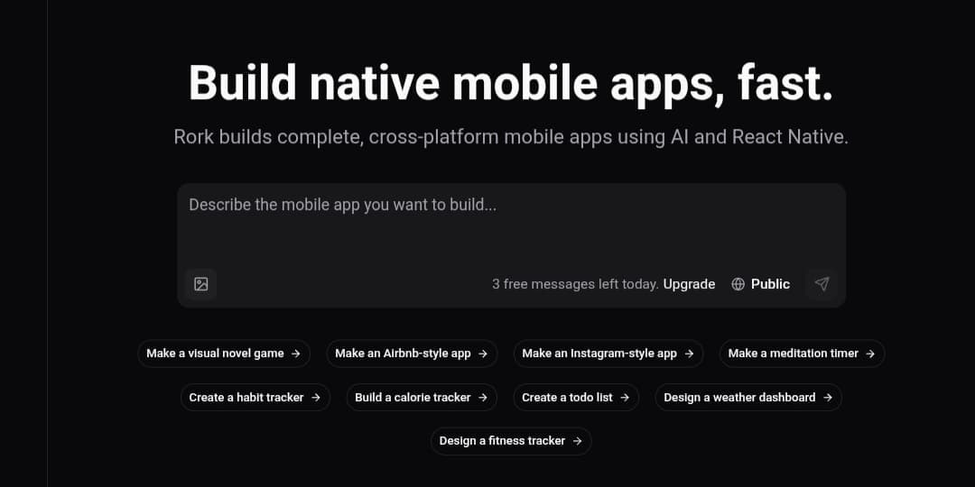 الواجهة الرئيسية لمنصة Rork لبناء تطبيقات الهاتف، حيث يظهر مربع نصي لكتابة فكرة التطبيق وأزرار لاقتراحات جاهزة مثل تطبيقات اللياقة البدنية أو تطبيقات مشابهة لـ Airbnb.
