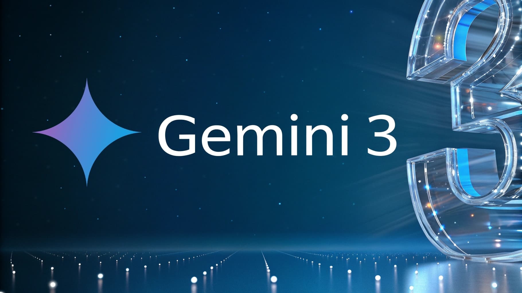 شعار جوجل Gemini 3 الرسمي يتوسطه أيقونة الذكاء الاصطناعي المميزة، مع رقم 3 بتصميم زجاجي ثلاثي الأبعاد على جهة اليمين، وخلفية تقنية زرقاء داكنة مليئة بالنجوم.